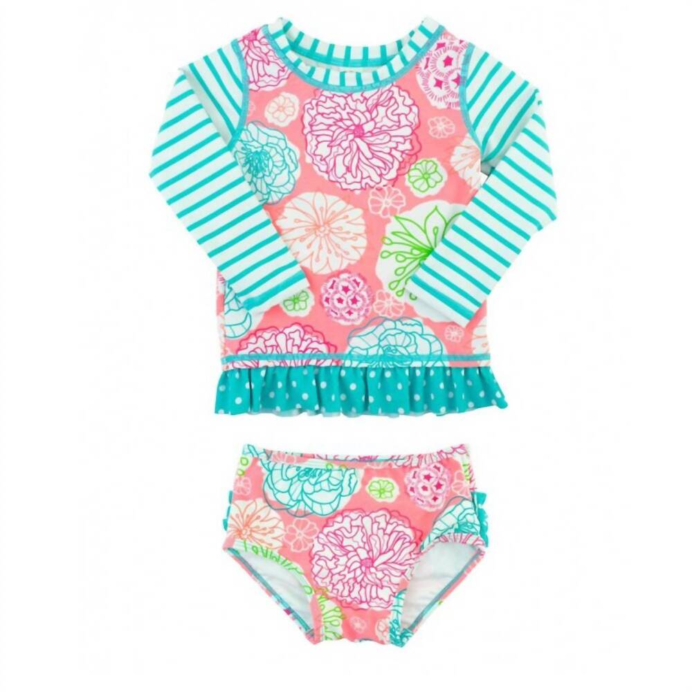 NEW RUFFLEBUTTS girls' tropical garden two-piece rash guard swim suit in aqua/pi
